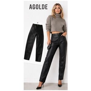 NWT AGOLDE Luna Pieced Leather Pants Detox Black High Rise Size 24